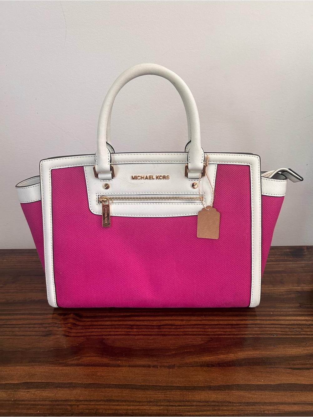 Michael Kors Hot Pink and White Satchel with Gold Hardware